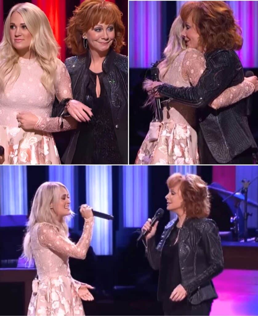 OVER 5,000 FANS LEFT BREATHLESS AS REBA, DOLLY, AND CARRIE DELIVERED THE ULTIMATE GRAND OLE OPRY DUET Reba McEntire had the stage lit with her signature brilliance when the unexpected happened. As Vince Gill’s smooth harmonies floated through the hall, two country legends — Dolly Parton and Carrie Underwood — quietly joined in, sending the audience into a frenzy. Then Reba began “Does He Love You” — and Carrie stepped forward, their voices intertwining in a breathtaking blend of power and vulnerability. Every note pulled at hearts, every harmony drew tears, and the room was suspended in pure, unforgettable magic. Fans wept openly, some holding hands, some frozen in awe.
