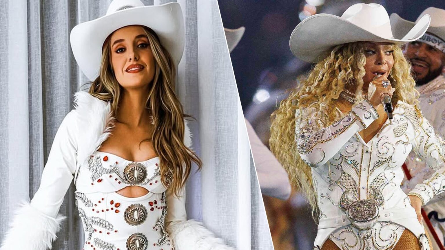 “WAIT A MINUTE… THIS SCENE LOOKS SO FAMILIAR!” — a single, brief exclamation was enough to ignite a storm of controversy. With just a sparkling white outfit, a cowboy hat, and a festive entrance, Lainey Wilson was unexpectedly accused of “copy-pasting,” causing a social media frenzy. Viewers scrutinized every detail, from her styling and stage presence to the déjà vu vibe, leading many to immediately name Beyoncé. Harsh comments poured in, claiming it was a “meticulously polished copy” rather than a coincidence. Conversely, the audience countered that the winter white, cowboys, and Christmas spirit belonged to no one in particular. And so, the music stage quickly transformed into a visual battleground, where the line between inspiration and imitation blurred more than ever.