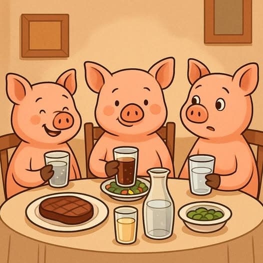 The Three Little Pigs recently visited a high-end restaurant to celebrate their newfound success