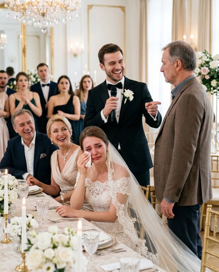 At my daughter’s wedding, the groom raised his glass, pointed at my worn jacket, and laughed, “Don’t worry, folks—that’s not a local beggar. That’s my father-in-law.”