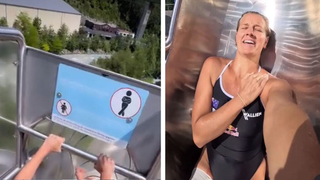 Ten-time world champion ignores ‘men only’ sign at Austrian water slide and instantly regrets it
